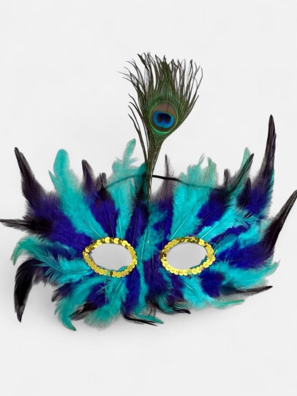 Feathered Peacock Eye Mask in Teal & Royal Blue